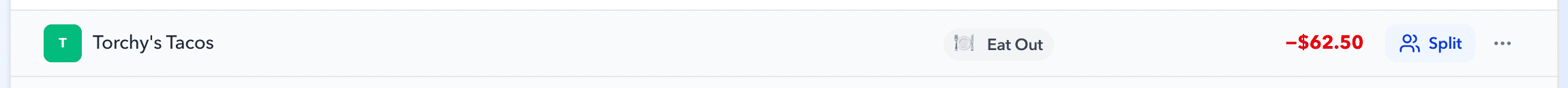 The $62.50 Torchy's Tacos transaction row with its Split button showing